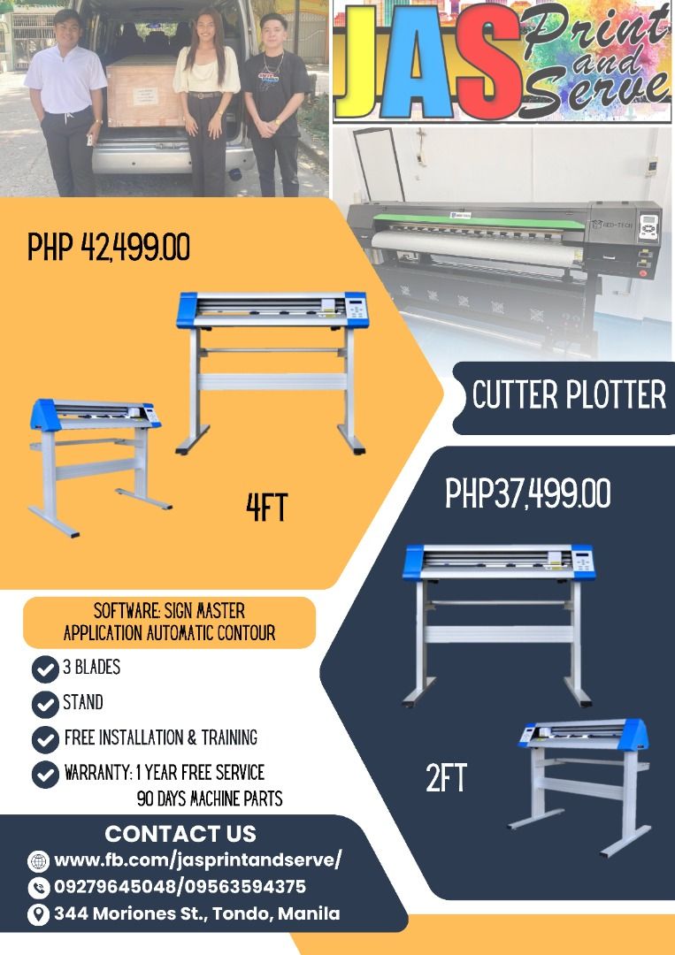 Cutter Plotter (Category: Printers, Scanners & Copiers) located in Manila. Submitted by abbyconde (Listing ID 1371977606, Image 1). Description: Printhead: DX11/i3200 *Application: Eco Solvent/Sublimation *Size: 6ft/10ft *with Warranty *Free Installation and Training *with lots of Freebies *After Sales Support!!! For more details, kindly contact; Name: Abby Conde Position: Sales Consultant Company: JASPRINT AND SERVE PRINTING SUPPLY Contact No: 0