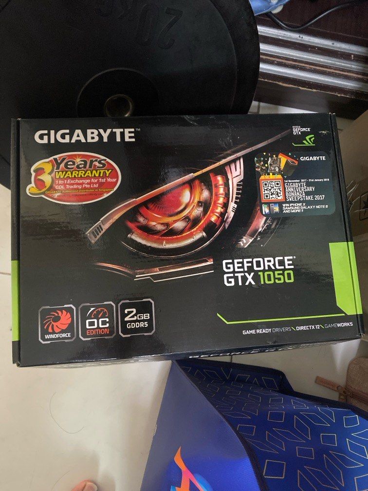 Gigabyte GTX 1050 (Category: Computer Parts) located in Singapore. Submitted by espertoysngames (Listing ID 1371931947, Image 1). Description: Still intact with box. no more warranty.