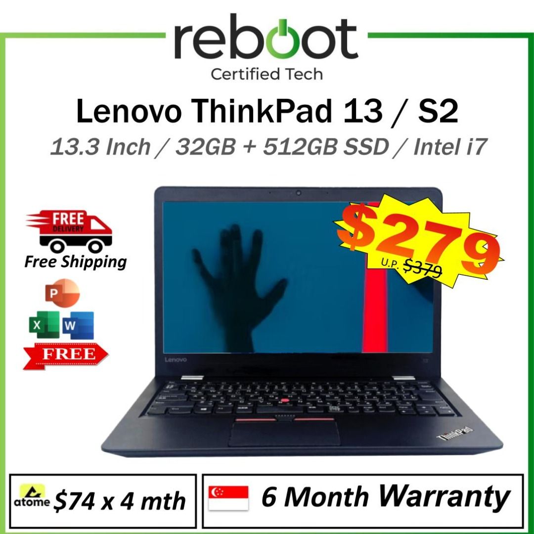 Lenovo Thinkpad 13 Laptop - Lenovo S2 Laptop - 13.3 Inch - Like New Condition - Intel i5 & Intel i7 - Free MS Office ! Limited Time Promo!! - Fast SSD Laptop - Great Battery Life - Buy Today!! (Category: Laptops & Notebooks) located in Singapore. Submitted by buyatfuji (Listing ID 1371955828, Image 1). Description: Click here for more special deal !!!! https://www.carousell.sg/u/buyatfuji/ 👨‍🔧 FREE Additional 3 𝐌𝐨𝐧𝐭𝐡 𝐖𝐚𝐫𝐫𝐚𝐧𝐭𝐲 !! Fi