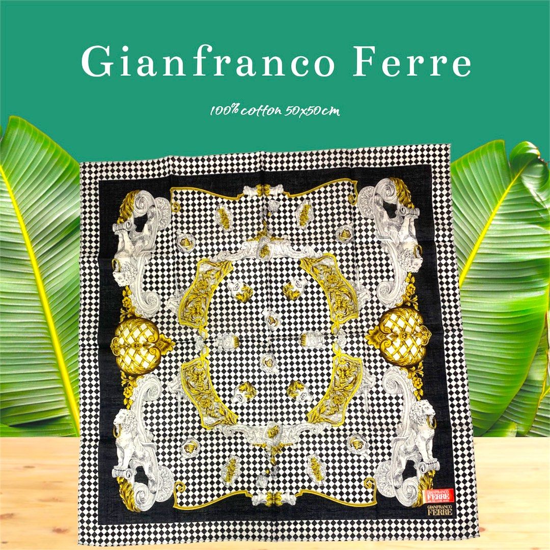 Unused GIANFRANCO FERRE Handkerchief (Category: Handkerchief & Pocket Squares) located in Pasay City. Submitted by onick_79 (Listing ID 1371915512, Image 1). Description: Discover timeless elegance with this unused Gianfranco Ferre handkerchief. Made in Japan from 100% cotton and measuring 50 x 50 cm, this exquisite piece boasts a sophisticated black and white checkered pattern, beautifully contrasted with intricate baroque-inspired designs in go