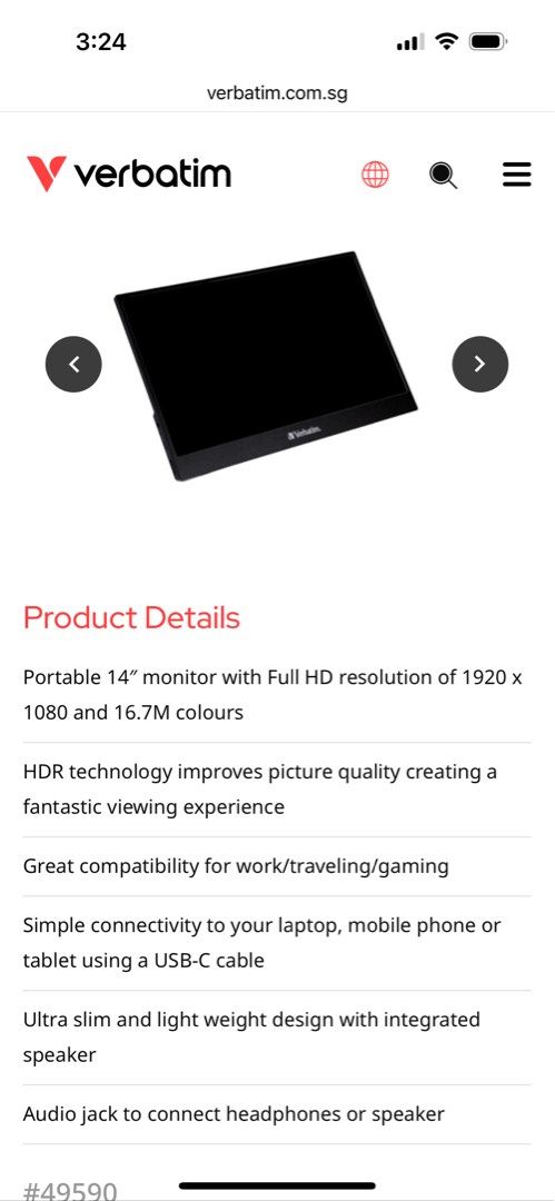 Verbatim portable monitor 14” full HD (Category: Desktops) located in Singapore. Submitted by boberabbit (Listing ID 1371962247, Image 3). Description: Brand new in box. Verbatim portable monitor 14” full HD 1080.