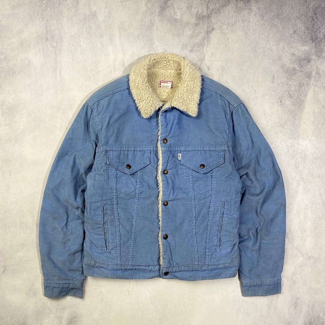Vintage 70s Levis White Tab Baby Blue Corduroy Sherpa Trucker
