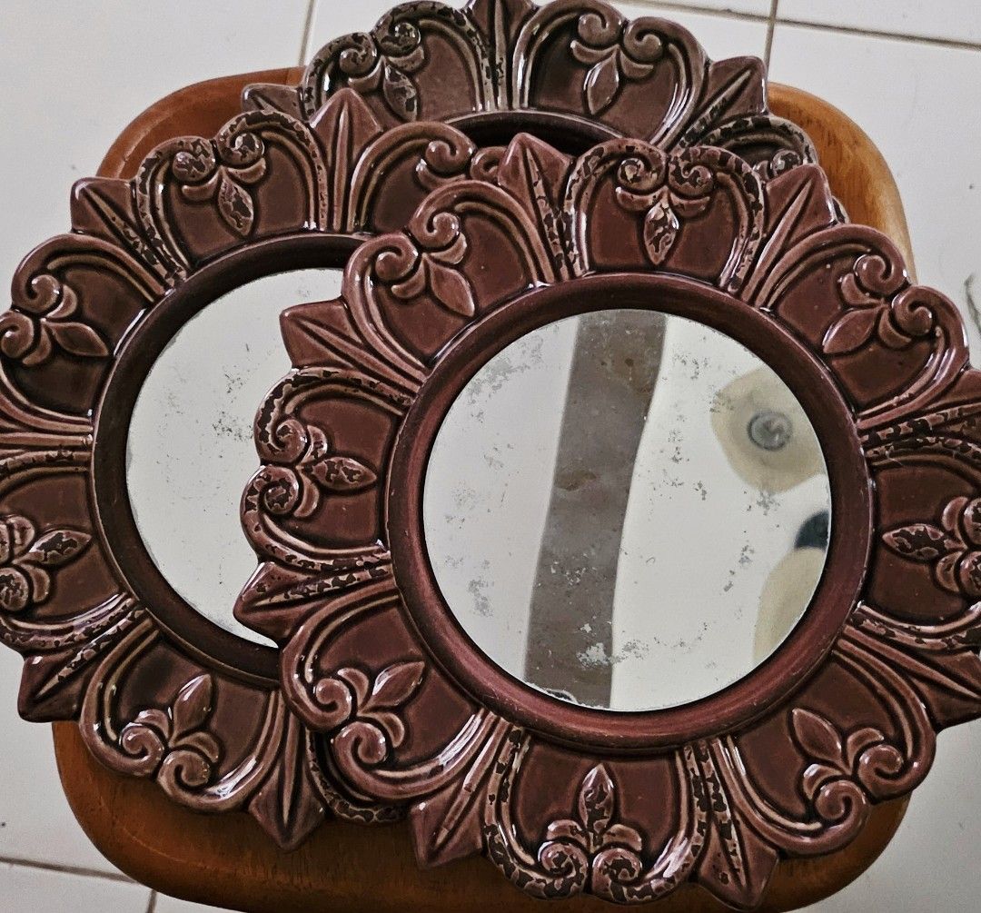 3 Ceramic Mirrors Distressed Rustic Heavy (Category: Mirrors) located in General Trias. Submitted by sheiladelta32737 (Listing ID 1372135504, Image 2). Description: 6in diameter set of 3 never used heavy ceramic mirrors with distressed surface farmhouse appeal loc: gen trias, cavite lalamove, lbc, j&t.