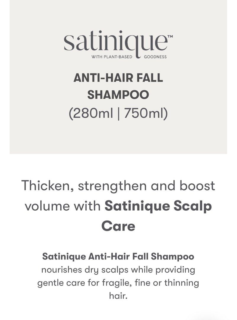 Amway Anti-Hair Fall Scalp & Shampoo - SATINIQUE 280ml (Category: Hair) located in Singapore. Submitted by blessed.studio (Listing ID 1365342175, Image 2). Description: *Brand New* SATINIQUE Anti-Hair Fall Scalp & Hair Shampoo 280ml Targets: Hair Loss & Less Volume Regular Size Available – Perfect for daily personal use. Our plant-based, nutrient-rich formula with Siberian ginseng revitalizes and balances the scalp for thicker and fuller-looking 