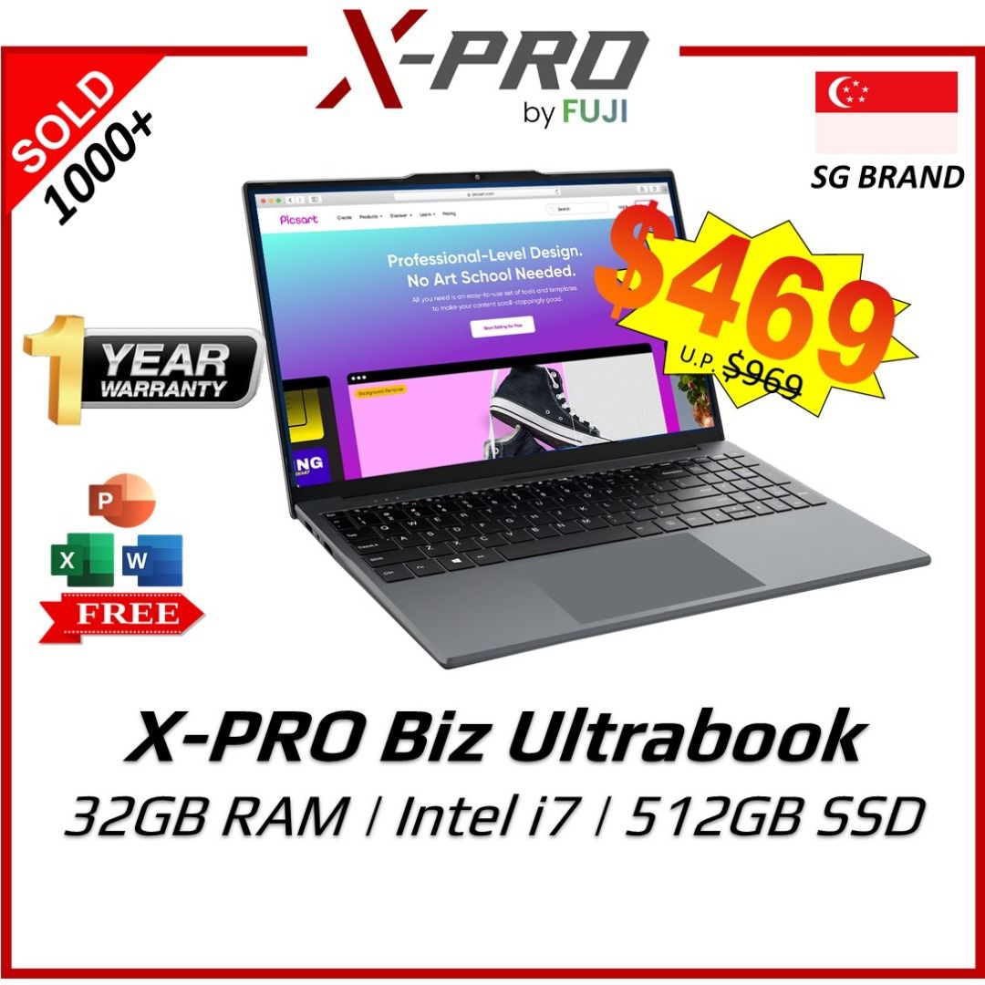 Brand New XPRO Biz 15.6 Inch Intel i7 Laptop - 32GB RAM - Up to 512 GB SSD - Free MS Office - Windows 11 - Premium Quality - SG Brand - Hot Selling Now ! (Category: Laptops & Notebooks) located in Singapore. Submitted by buyatfuji (Listing ID 1372195460, Image 1). Description: 🚀 𝐗-𝐏𝐫𝐨 𝐁𝐢𝐳 𝐔𝐥𝐭𝐫𝐚𝐛𝐨𝐨𝐤 - 15.6 Inch - Full HD IPS Display - Intel® Core™ i7 Processor - Fast ! No Lag ! - 8GB / 16GB / 32GB RAM (DDR4) - 256GB / 512GB SSD (M