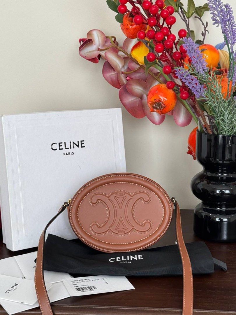 Celine Triomphe Oval Shoulder Tan Leather Sling Bag with box, dustbag,  booklet, tag, and receipt 2021 @18,5jt only!
