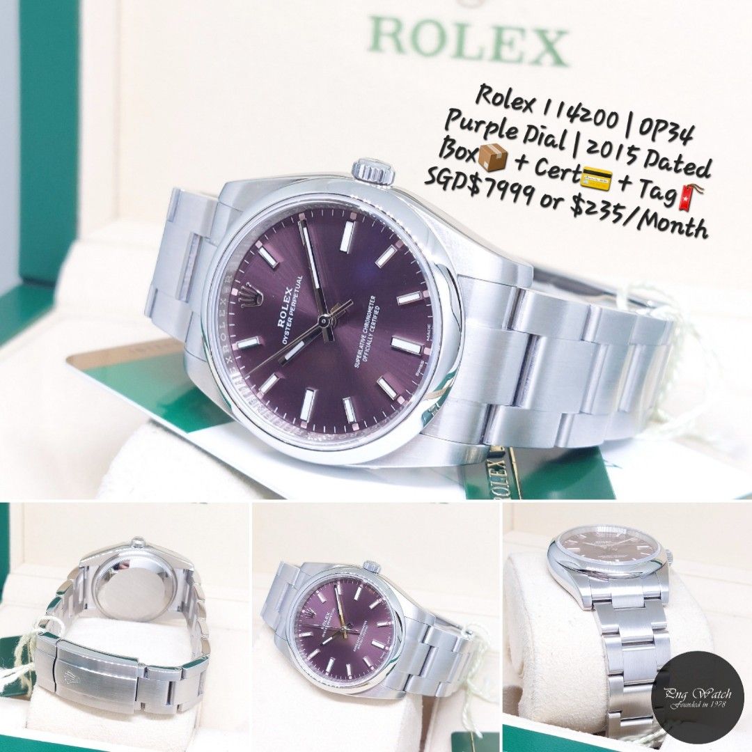 Rolex 34mm 114200 Purple Indexes Dial Oyster Perpetual (2015)(Grab & Go) (Category: Watches) located in Singapore. Submitted by pngwatchdealer (Listing ID 1372198868, Image 1). Description: Only SGD$235/Month for 36months via DBS/POSB credit card holders! Interest free! For more details on timepiece: https://carousell.app.link/BsYLch6FOTb Operating Hours Mon to fri: 3pm to 9pm Sat: 3pm to 8pm Sun & PH closed (Please contact us before dropping by 