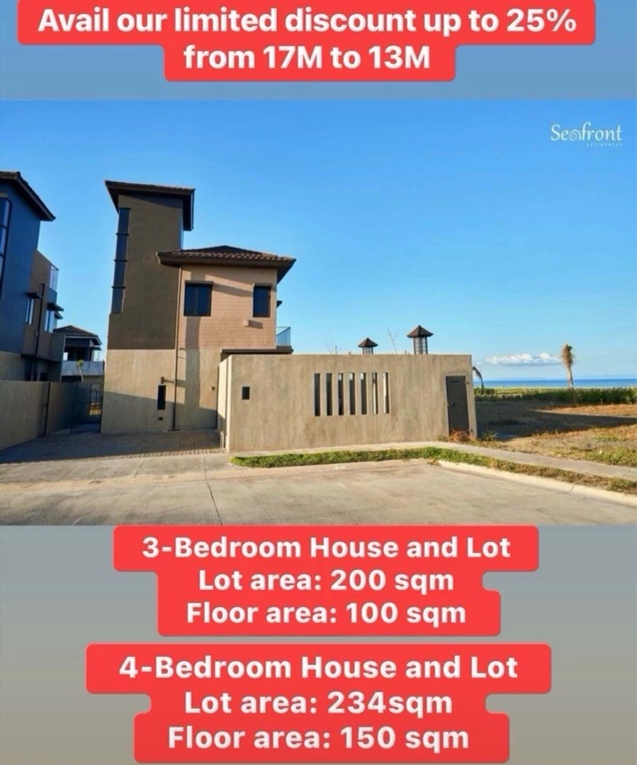 Seafront Residences house for sale (Category: House & Lot) located in Imus. Submitted by ivydgzmn (Listing ID 1372259491, Image 1). Description: READY FOR OCCUPANCY UNIT AVAILABLE 🏡 ON GOING PROMO UP TO 25% discount! BEST INVESTMENT IN 2025! 🎆 Location: Seafront Residences, Laiya Road San Juan Batangas INVEST NOW and Own a Beach property 🏖🏡 Seafront Residences, San Juan Batangas (Residential Beach Property) 🏖Lot only as low as 34,000 monthly