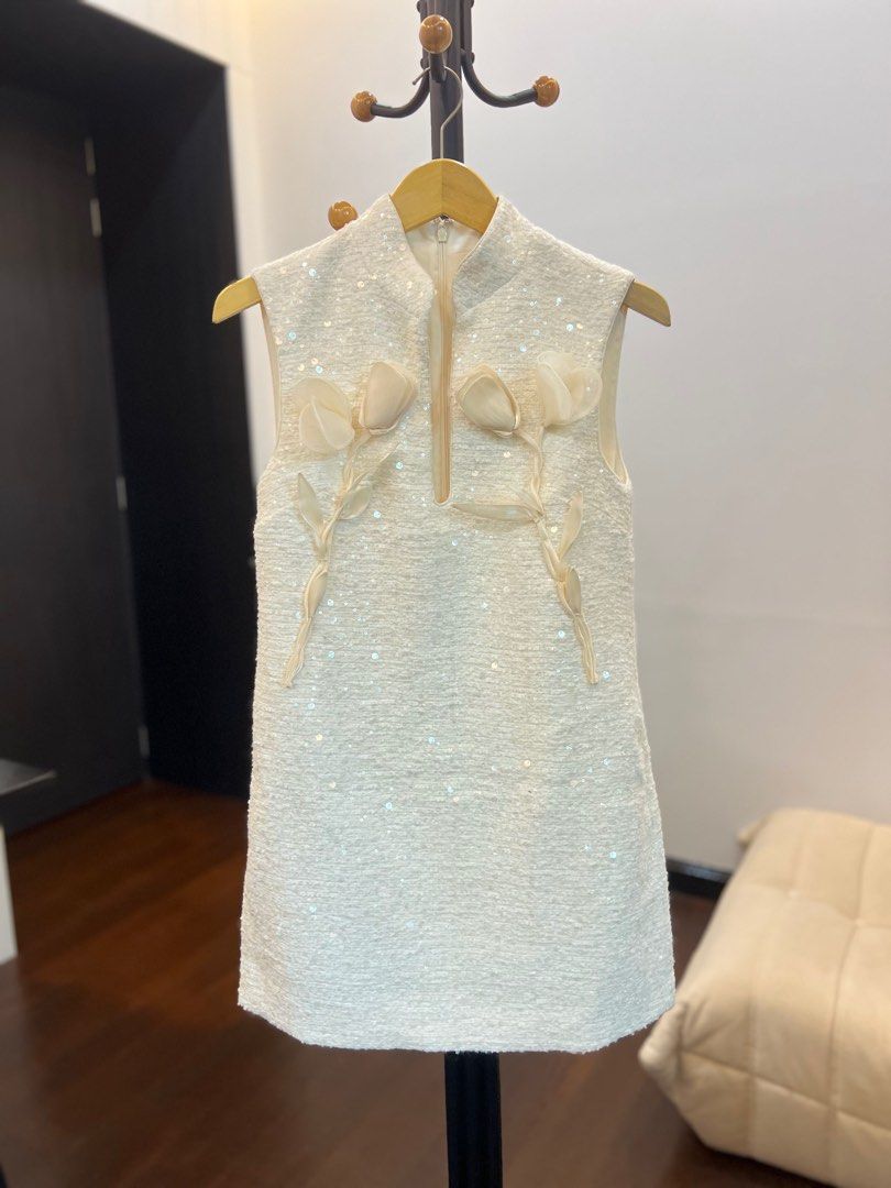 cream boucle flower mini dress Cream Floral Lace Puff Sleeve Ruffle Hem Mini Dress