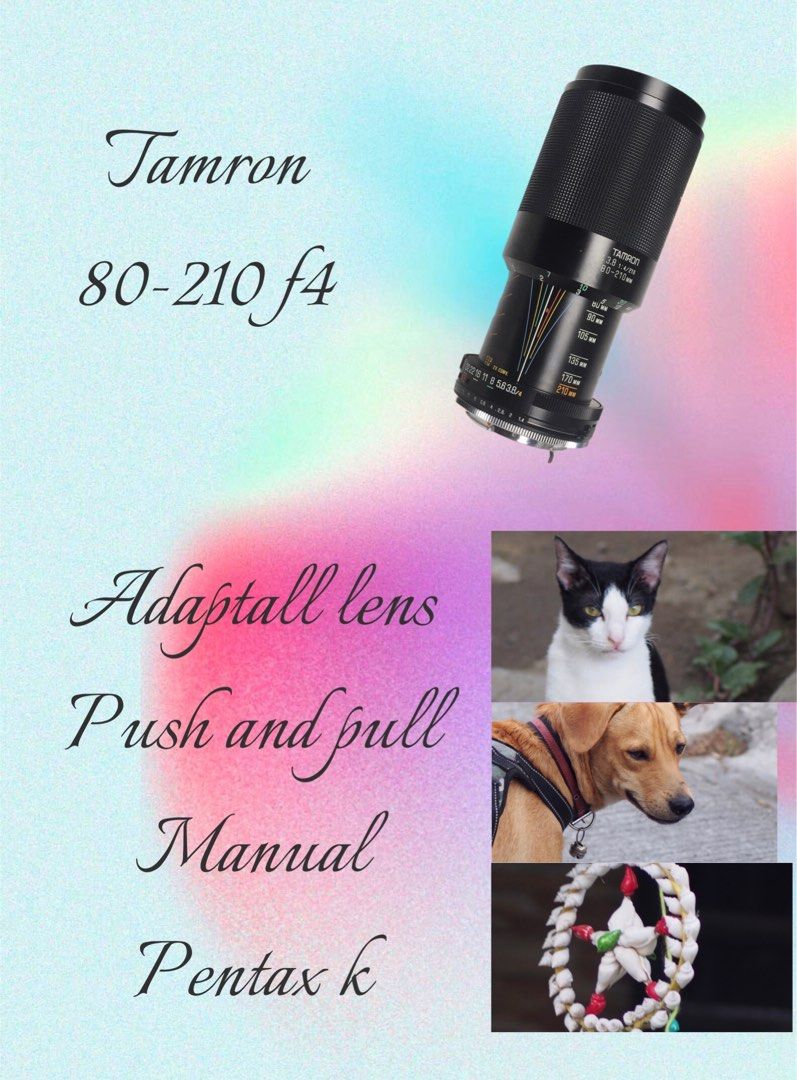 Tamron adaptall pentax k mount (Category: Lens & Kits) located in Las Pinas. Submitted by film101 (Listing ID 1372198884, Image 1). Description: Tamron lens adaptall Can use to any camera by using adaptall 80-210mm f4 Cf tele macro BBar mC For pentax k mount Another functions of lens -macro at 210 -mounting can be remove coz its adaptall lens -push and pull method --------- Sample photos upon rqst by using digital --------- Condition of lens Opti