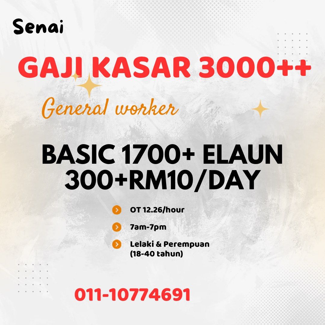 Vacancy (Category: Announcements) located in Johor Bahru. Submitted by adamaliari76144 (Listing ID 1372143888, Image 1). Description: Lelaki & Perempuan area Senai.Takperlu SPM /Lesen.Perlu ada transport sendiri.Gaji kasar jejak 3000-3300.wasap 011-10774691 .