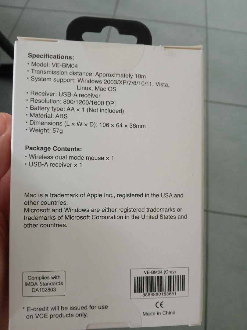 VCE VE Wireless Dual Mode Mouse (Category: Mouse & Mousepads) located in Singapore. Submitted by gamifythings (Listing ID 1372142255, Image 2). Description: BRAND NEW Wireless Mouse (Worth about $40+) 1 Year Warranty inside box.