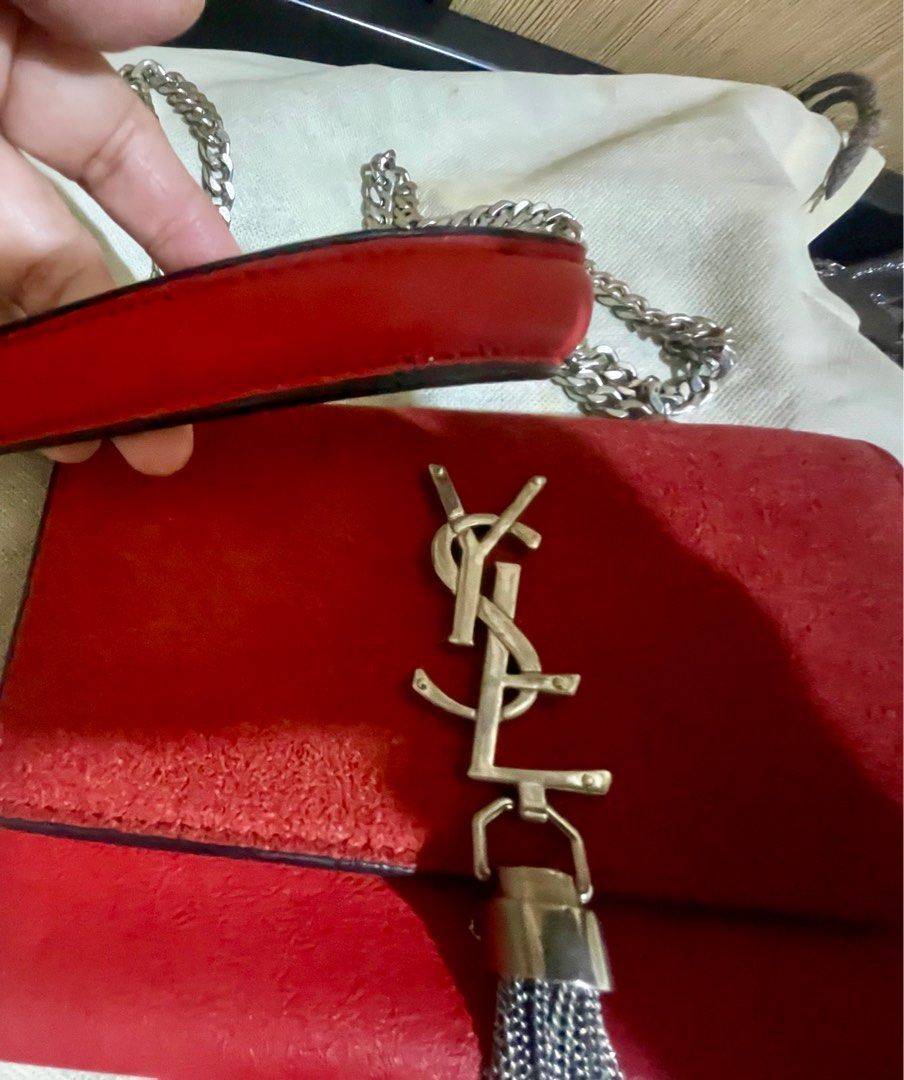 sling bag (Category: Luxury Bags & Wallets) located in Makati City. Submitted by shemiyu (Listing ID 1372221610, Image 3). Description: Sale! project bag mini sling red bag. Combination of suede and leather RFS: declutter .