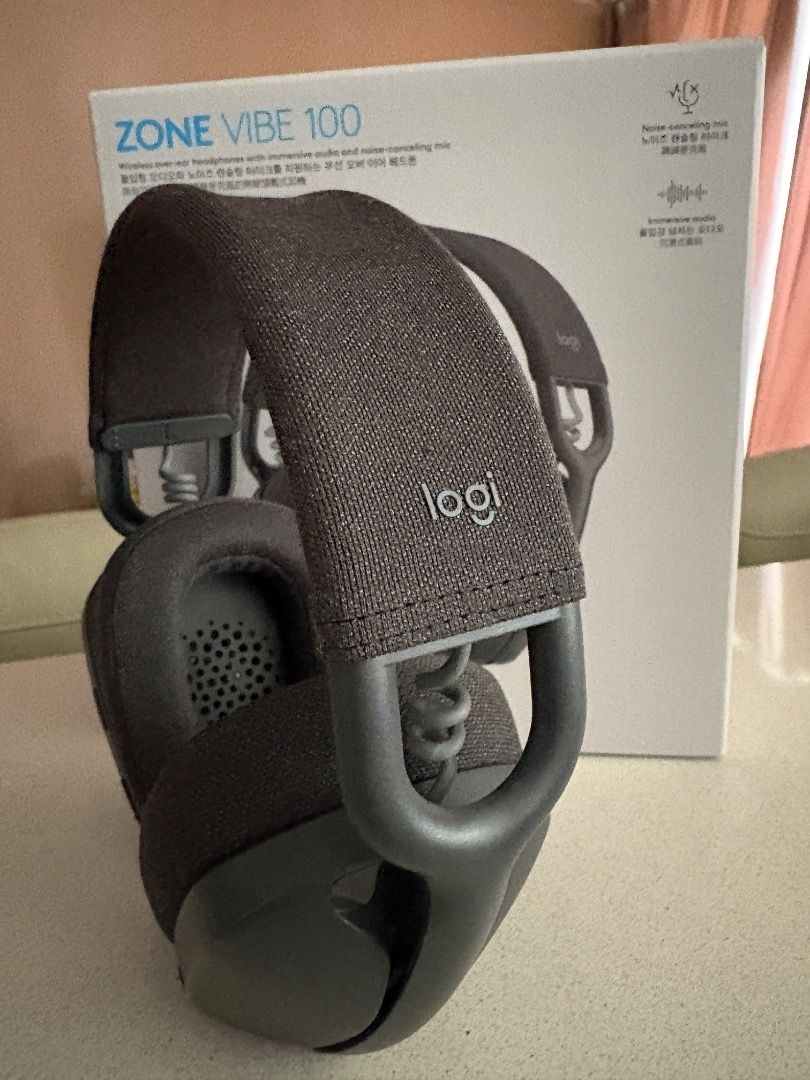 [-$100] Logitech Zone Vibe 100 Wireless Bluetooth Headset with extended microphone, Teams Zoom Lark calls supported, Windows/Mac/iOS/Android supported, 40mm Driver, up to 20 Hours Battery Life, Controls on Headset (Category: Headphones & Headsets) located in Singapore. Submitted by boshgadgets (Listing ID 1367127642, Image 2). Description: Item is USED but in 100% working and very good cosmetic conditions SEE LAST THREE PHOTOS for actual photo co
