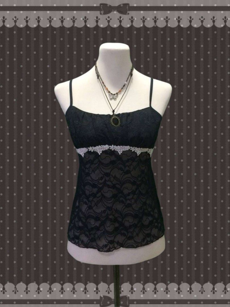 Dark Coquette Embroidered Lace Mesh Cami (Category: Others Tops) located in Manila. Submitted by moonlitpetals (Listing ID 1367203858, Image 1). Description: Dark Coquette Embroidered Lace Mesh Cami condition: 10/10 size: M-L (L on tag) Bust: 33-37" see thru yung mesh niya except yung bust part 𐙚 Mine ₱180 ⋆ ˚｡⋆୨୧˚ DISCLAIMER: 𐙚 Please read the guidelines (in the highlights) before purchasing. 𐙚 Most items are thrifted/preloved, so please mana