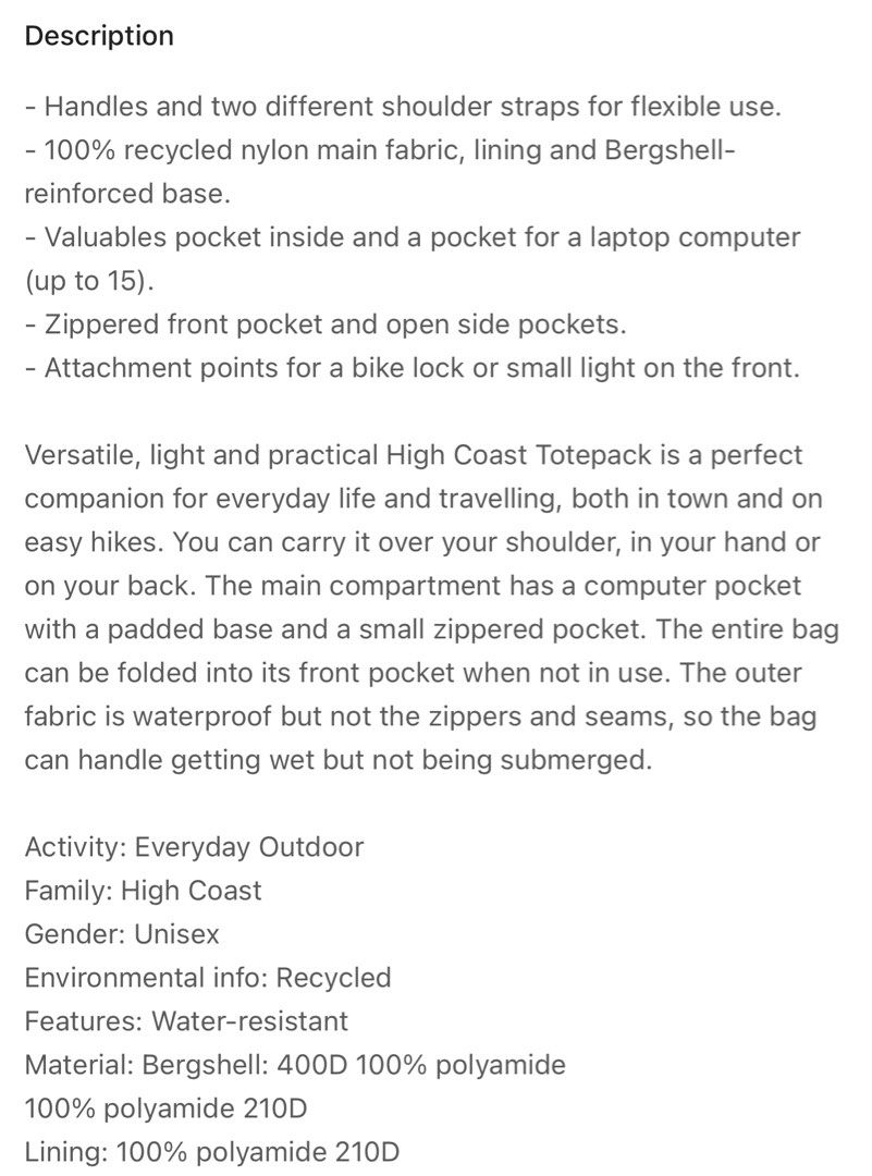 Fjallraven High Coast Totepack - Clay (Category: Backpacks) located in Mandaue City. Submitted by knucklehead2 (Listing ID 1367121389, Image 3). Description: Bought on the last week of April 2025; i still have the receipts Used once for a 2 day trip Selling it because i have too many bags and i’m decluttering since i’ll be moving to a new place soon. This is waterproof except for the zipper parts Orig price: P6,075 Will post the actual pics later