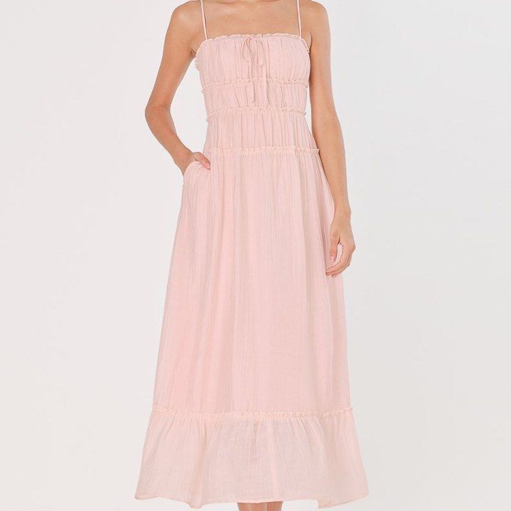 LOVET EMILY PADDED TEXTURED RUCHED DROP WAIST MAXI DRESS (LIGHT PINK),  Women's Fashion, Dresses & Sets, Dresses on Carousell