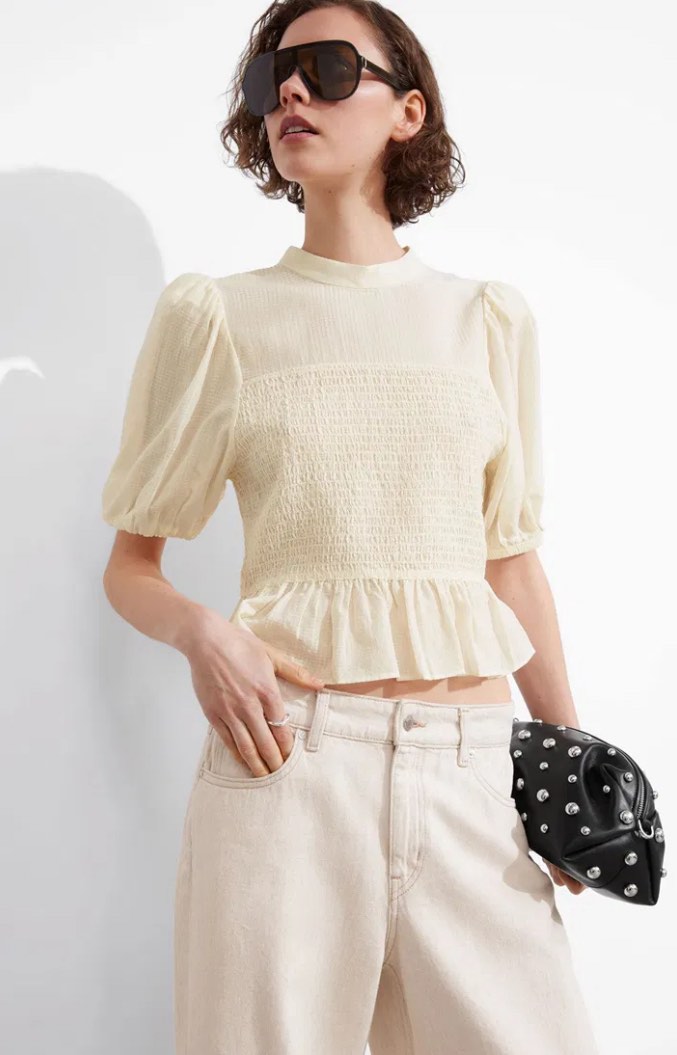 Smocked Charm Peplum Denim Blouse