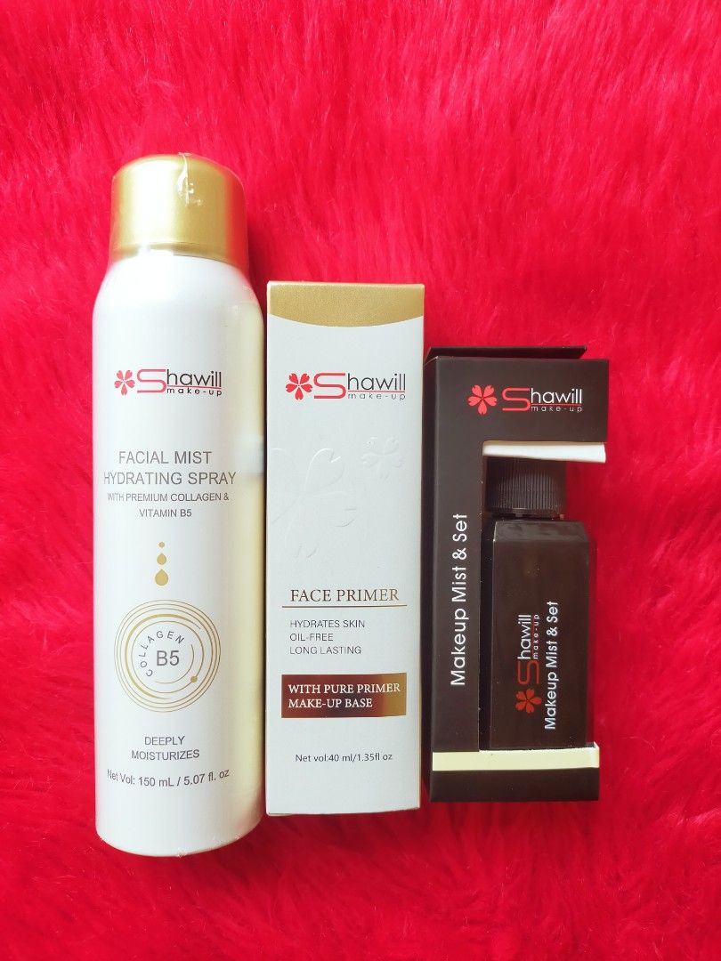 Shawill Primer,Setting Spray & Facial Mist Set (Category: Makeup) located in Quezon City. Submitted by floreskari78555 (Listing ID 1367285154, Image 1). Description: Shawill Primer,Setting Spray & Facial Mist Set Shawill Primer 40ml Shawill Make Up Setting Spray by 60ml Shawill Facial Mist Hydrating Spray 150ml complete set for make up base and setting dm to order❤️.