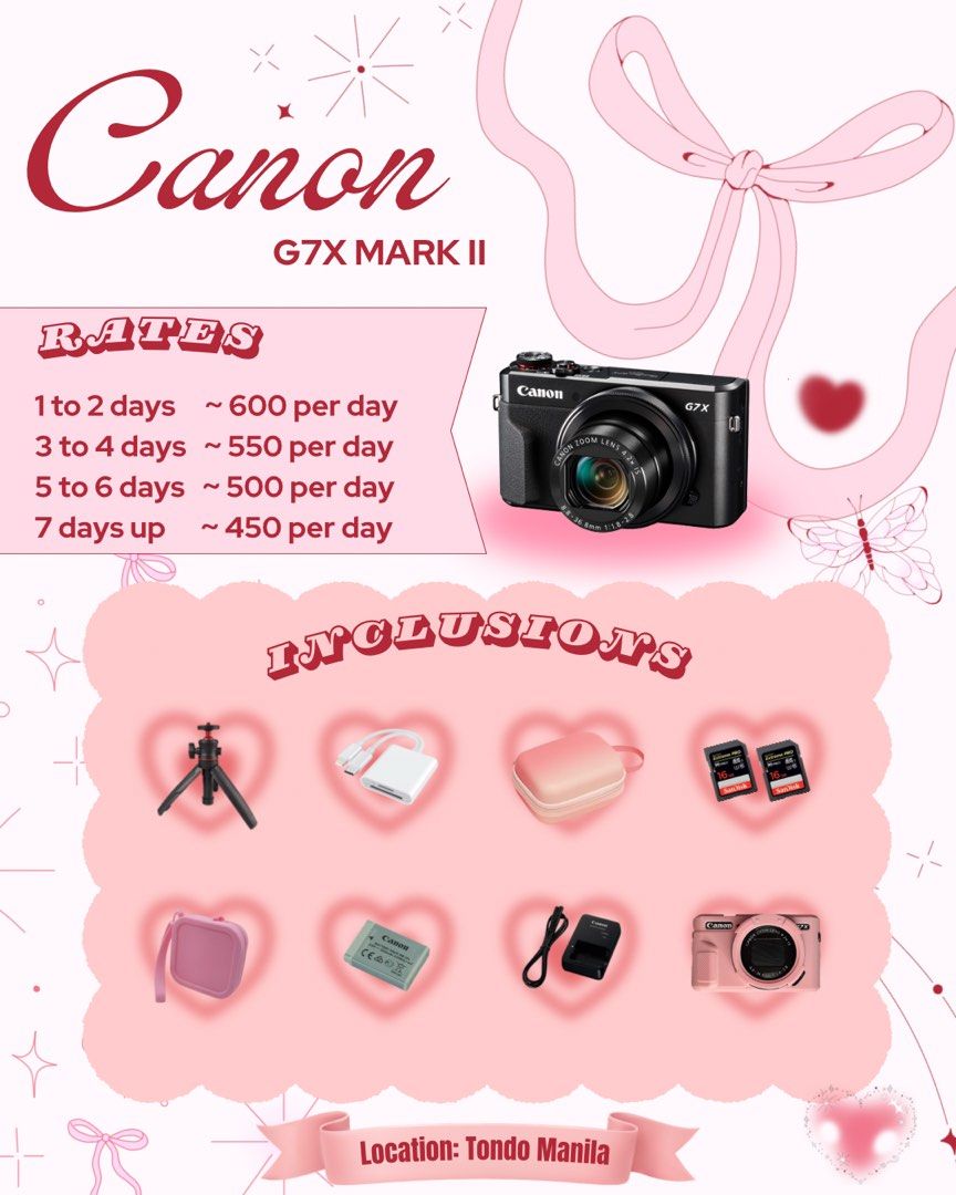 FOR RENT: Canon g7x mark ii (Category: Cameras) located in Manila. Submitted by waldorfsupremacy (Listing ID 1366392003, Image 2). Description: Inclusions: Camera Unit Charger Battery Memory Card Camera Strap Camera Case Camera Bag ~ no need to use a converter because our camera already have its wireless bluetooth, just download Canon Camera App then import your photos hassle-free 🤍 WILL NOT ENTERTAIN DUMMY, DUMP, NEW ACCOUNTS PLS!.