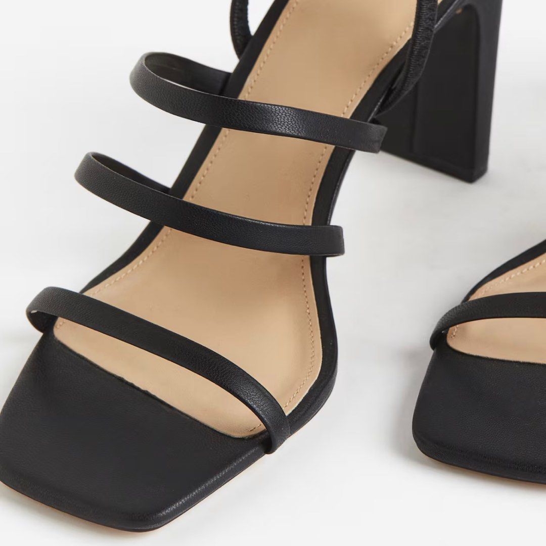 H&M Black Heels Sandals (Category: Heels) located in Cabanatuan. Submitted by yusitems (Listing ID 1367296795, Image 3). Description: Sandals with square toes, covered block heels and narrow straps over the foot. Heel height: 8cm 👠 Size: Euro 38 Original price: ₱1,690 Used once (for a few hours) no flaws! .