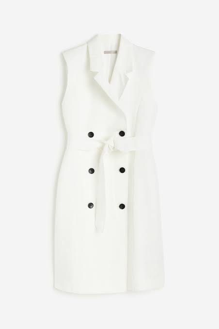 H&M LINEN-BLEND JACKET DRESS (Category: Dresses) located in Quezon City. Submitted by prelaved (Listing ID 1367330362, Image 1). Description: Perfect for events like graduation or date night or for for travel! Short, sleeveless jacket dress in a woven linen blend with a fitted, double-breasted look. Pointed lapels, shoulder pads, and welt front pockets with flap. Removable tie belt at waist. Lined. NO WW Original price : P 2990 Would rather keep 