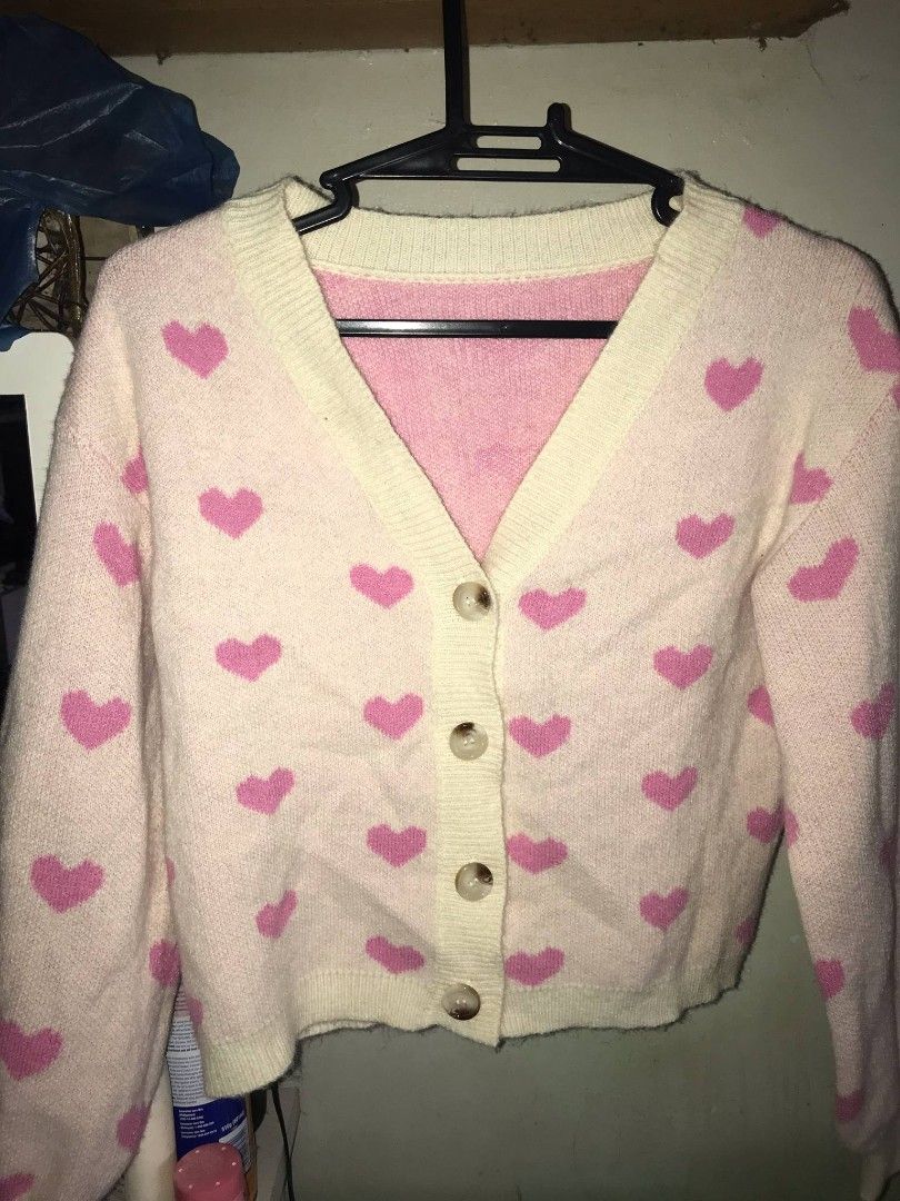 shein heart pink cardigan (Category: Coats, Jackets and Outerwear) located in Davao. Submitted by vessoque (Listing ID 1367462776, Image 1). Description: shein heart pattern cardigan (pink) size: S.