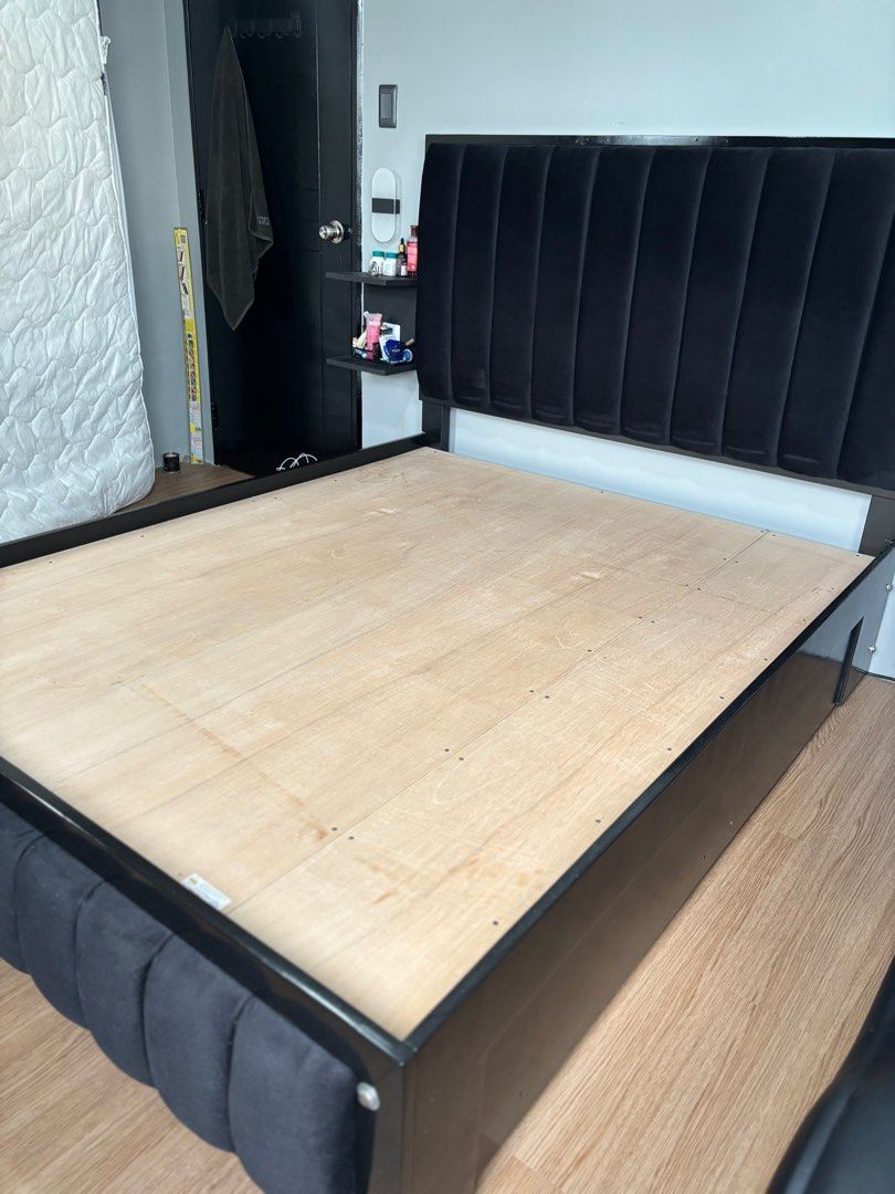 Customized Black Queen Size Bed - With 2 drawers (No Matress) (Category: Bed Frames & Mattresses) located in San Fernando. Submitted by vanessafinds (Listing ID 1367510793, Image 3). Description: Customized Black Queen Size Bed - With 2 drawers (No Matress) Headboard: Black, Fabric like Velvet Wood made: Imported Russian Pinewood durable and very solid wood Free Black Side Table RFS: Almost new, switching to king size bed Got it for 30,000 sellin