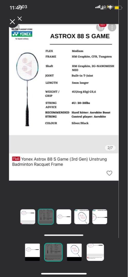 Racket (Category: Other Sports Equipment and Supplies) located in Cyberjaya. Submitted by HappyHome77 (Listing ID 1367648076, Image 3). Description: [FOR SALE] Yonex Astrox 88 S Game (3rd Gen) – RM475 Condition: Brand New / Unstrung Model: Yonex Astrox 88 S Game (3rd Gen) Weight: 4U G5 Color: Silver/Black Flex: Medium Material: HM Graphite + CFR + Tungsten Stringing Range: 20–28 lbs Built-in T-joint, 5mm longer shaft — suitable for control player
