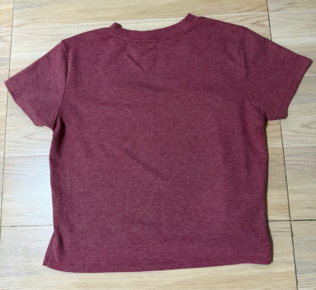 Red Ribbed Crew Neck T shirt with Floral Patch (Category: Blouses) located in Quezon City. Submitted by corncarts (Listing ID 1367536721, Image 2). Description: Brand: Crissa XL on tag ribbed material with small slit on bottom sides stretchy fabric Bust - 41 Length - 19.