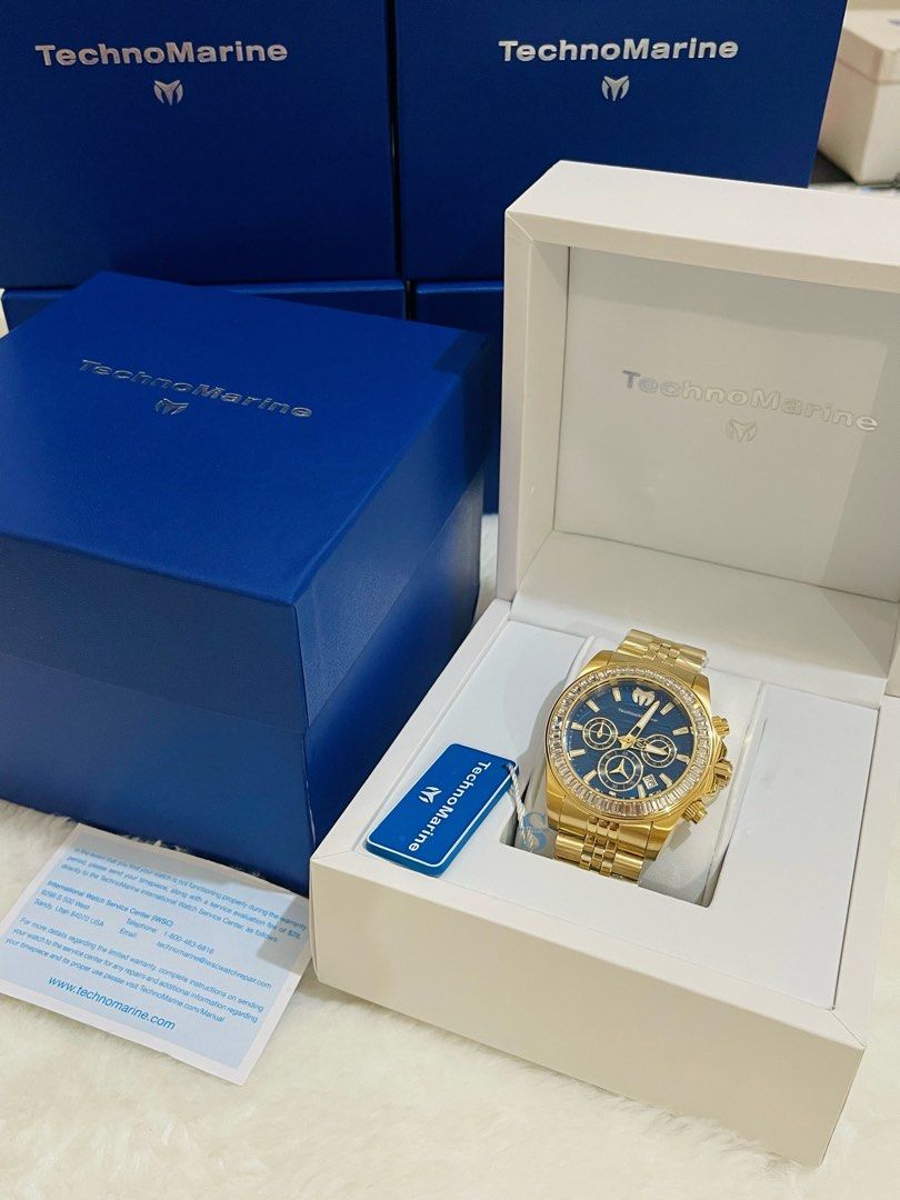 Technomarine Manta Ray Watch (Category: Luxury Watches) located in Manila. Submitted by shopperone_usa (Listing ID 1367614796, Image 2). Description: 🔹 ON HAND in Manila, ready to ship 🔹💯 Authentic & Brand New 🔹 Sourced directly from the Brand’s official store 🔹 TM-222022 42mm Chrono, Gold tone bezel w/ crystal set, Yellow gold case, Yellow Gold tone stainless steel band, Blue metal dial, water resistant 200 meter 🔹Other ON HAND items: http