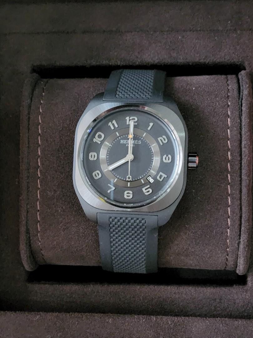 Authentic Hermes H08 Graphene Watch (Category: Luxury Watches) located in Quezon City. Submitted by breakmyfashion (Listing ID 1367758302, Image 2). Description: Rare in store. Graphene is one of the hardest and light weight materials. Graphene composite watch and sunburst satin-brushed ceramic bezel with mirror-polished chamfers, grey transferred minutes track, Hermès Manufacture movement H1837, black-gold treated dial, grained center. Made in S