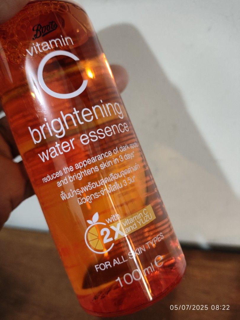 Boots VitC Brightening water essence 100ml (Category: Face Care) located in Quezon City. Submitted by desperateforspace (Listing ID 1367677714, Image 3). Description: This water essence rehydrates skin deeply* and primes skin for better absorption of subsequent treatment for dewy and bouncy skin. Skin looks noticeably brighter and smoother. Paraben-free..