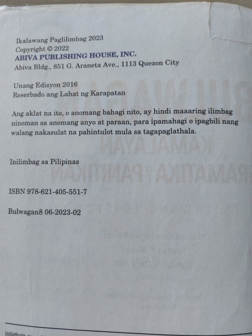 Bulwagan 8 - Ikalawang edisyon (Category: Textbooks) located in Pasig City. Submitted by ielsc (Listing ID 1367729393, Image 2). Description: - book is in good condition - about 10 pages have answers and checkmarks in pen - most pages are clean.