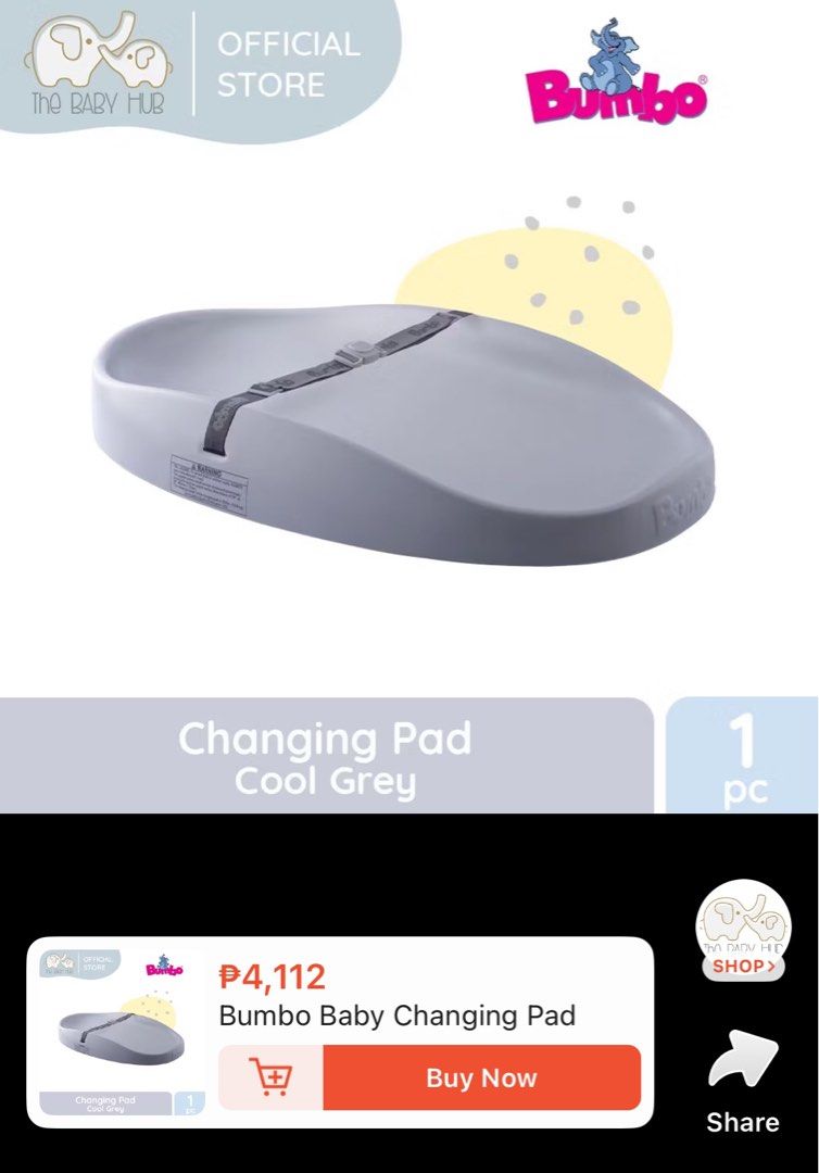 Bumbo changing pad in Cool Grey (Category: Changing Tables & Stations) located in Makati City. Submitted by justanythin (Listing ID 1367715583, Image 2). Description: Lightly used. Box has some water stains but otherwise, changing pad is in excellent condition. Location: Makati (delivery fee c/o buyer).