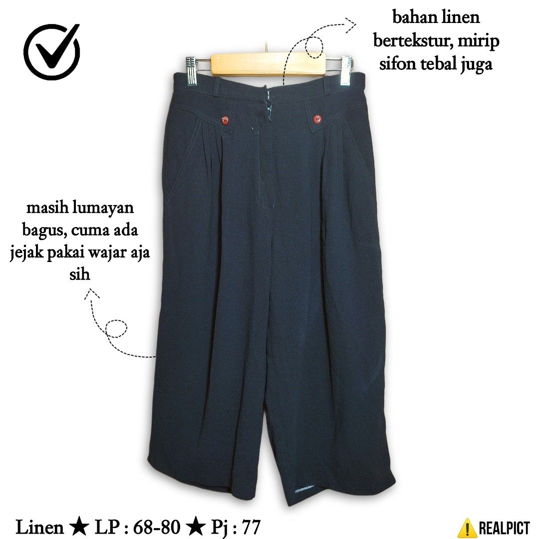 Celana Kulot Midi Size S M Linen Bertekstur Hitam Pekat Black