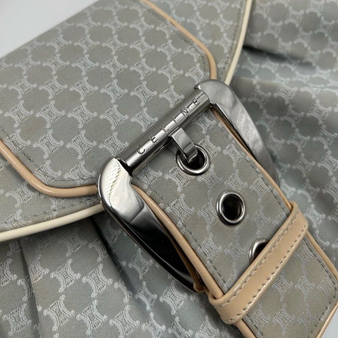 Celine Paris Triomphe Shoulder Baguette (NEGOTIABLE) (Category: Shoulder Bags) located in Quezon City. Submitted by notsonali (Listing ID 1367780943, Image 3). Description: Rank AB *Open for negotiation just message me * With certificate of authenticity (Entrupy) and free generic dustbag * Size: 31 x 20 cm * Color: light bluish gray * Hardwares: Silver * Pocket/s: Inside: 1 zipper pocket * Issues: signs of cracks on patent leather (handle & sides