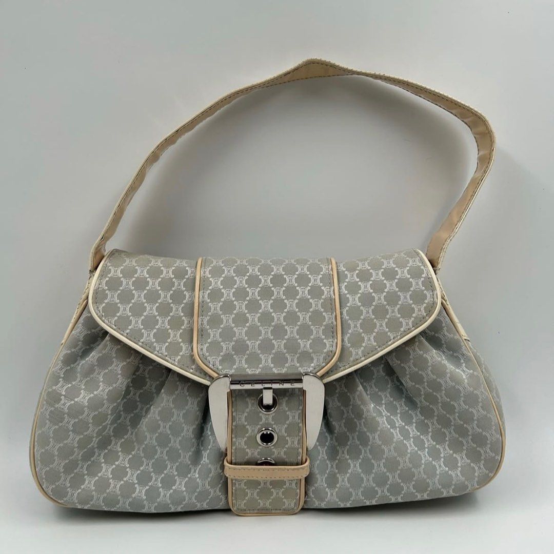 Celine Paris Triomphe Shoulder Baguette (NEGOTIABLE) (Category: Shoulder Bags) located in Quezon City. Submitted by notsonali (Listing ID 1367780943, Image 1). Description: Rank AB *Open for negotiation just message me * With certificate of authenticity (Entrupy) and free generic dustbag * Size: 31 x 20 cm * Color: light bluish gray * Hardwares: Silver * Pocket/s: Inside: 1 zipper pocket * Issues: signs of cracks on patent leather (handle & sides