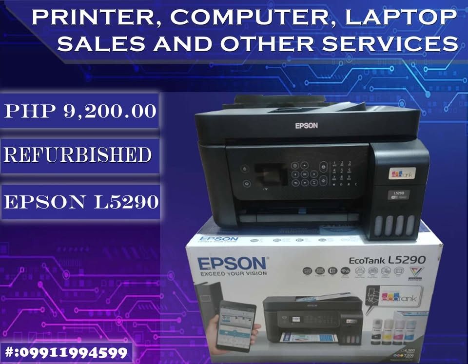 Epson L5290 Printer with wifi and ADF (Category: Printers, Scanners & Copiers) located in Caloocan City. Submitted by chloe_sales (Listing ID 1367690123, Image 1). Description: ✅refurbished unit ✅Good as new ✅Print, scan and and copy upto legal size paper (8.5*13) ✅With wifi that can print wireless direct from phone to printer (via Epson iprint application) ✅Complete box and accessories ✅Ready to use with ink on tank Pick up and shipping (shippin