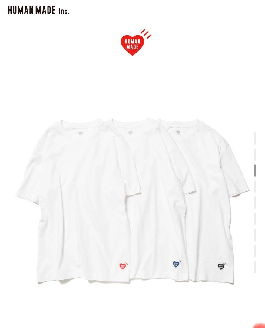 Human Made (Category: Activewear) located in Cavite. Submitted by ajdg03 (Listing ID 1367735809, Image 1). Description: 3 pcs 1-PACK T-SHIRT SET Set of three T-shirts, each with a different colored heart logo printed on the left hem. ITEM ID: HM29CS035 MATERIAL: 100% COTTON COLOR: WHITE .