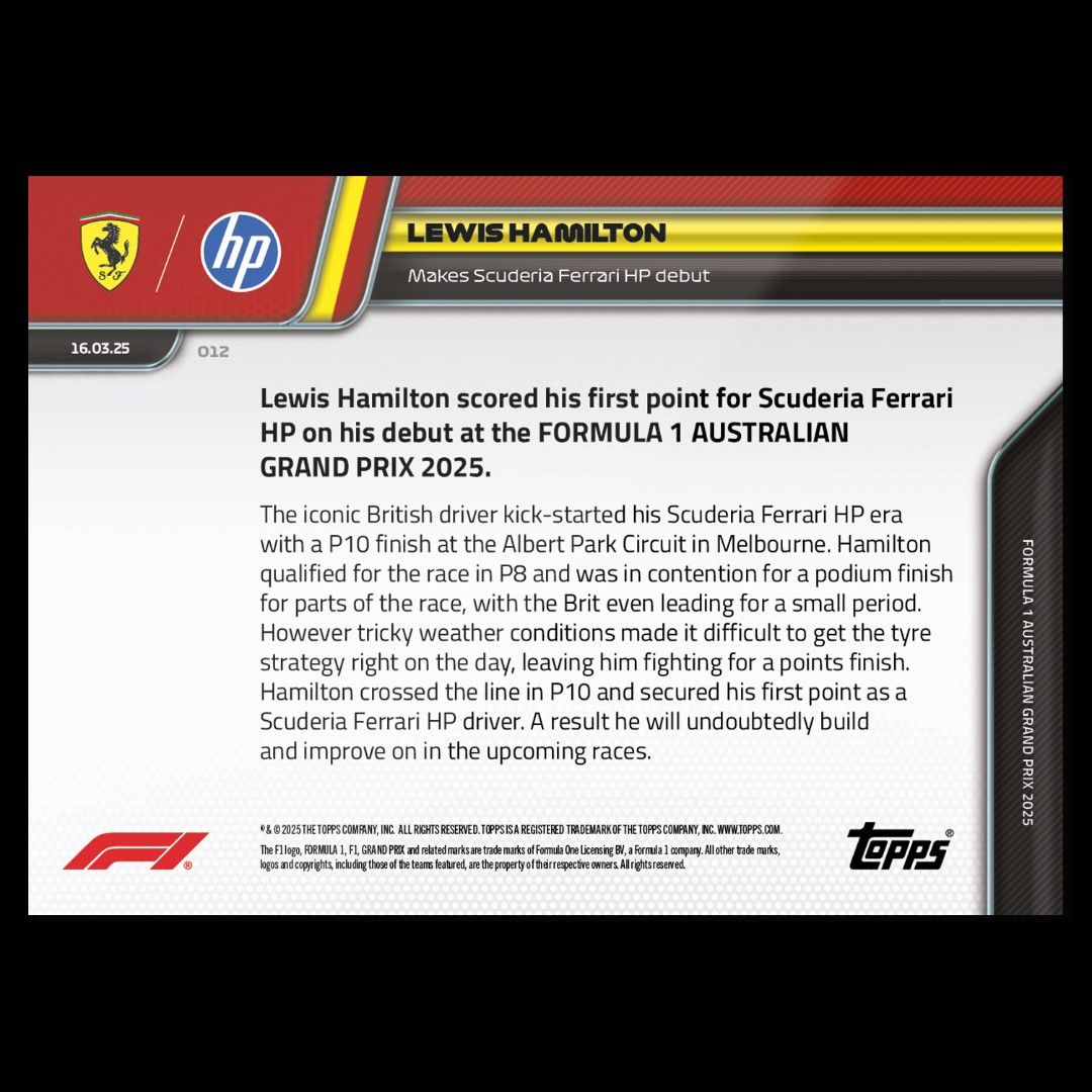 Lewis Hamilton - 2025 F1 Formula 1 Topps NOW Card 12 - First card in ...