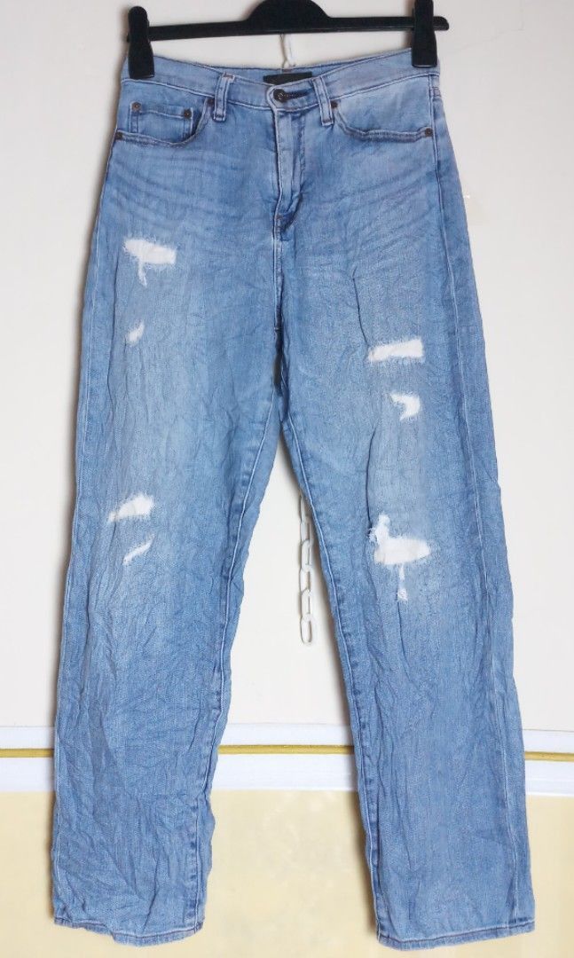 [Lp:68] Authentic Uniqlo high rise boyfriend fit straight jeans ripped  denim