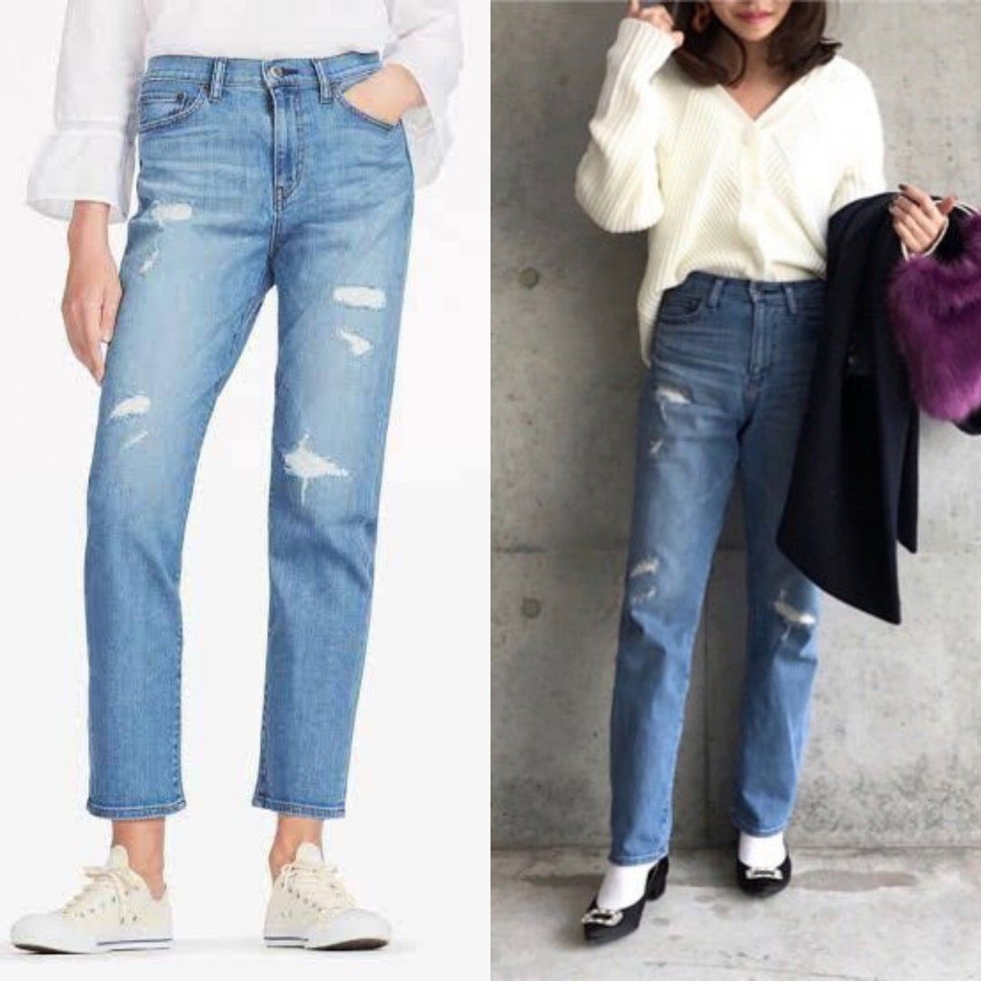 [Lp:68] Authentic Uniqlo high rise boyfriend fit straight jeans ripped  denim