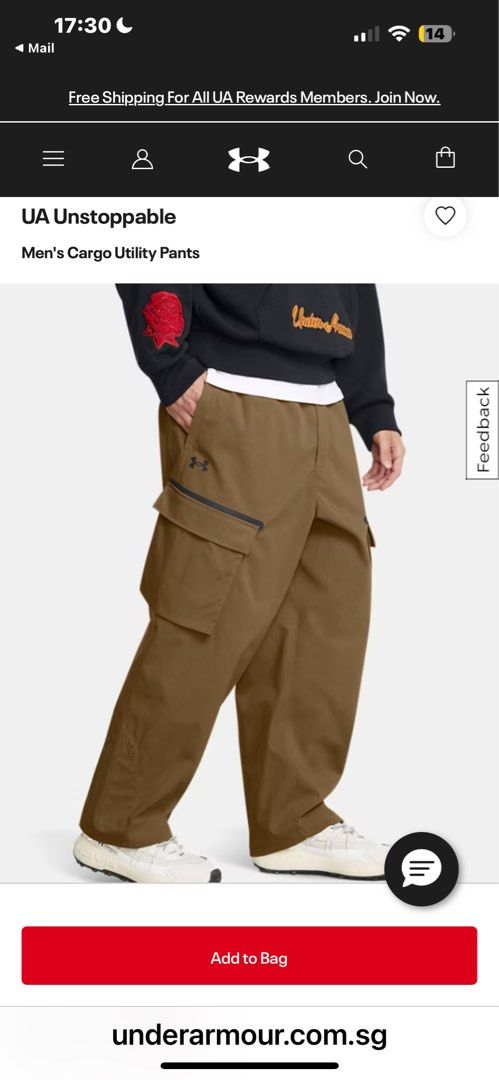 UA Unstoppable Men's Cargo Utility Pants (Category: Trousers) located in Singapore. Submitted by tearssale (Listing ID 1367768950, Image 3). Description: Size is MD (check UA website) One has been open to try. $60 each, both for $100. https://www.underarmour.com.sg/en-sg/p/men-clothing-bottoms/ua_unstoppable/1388827.html.