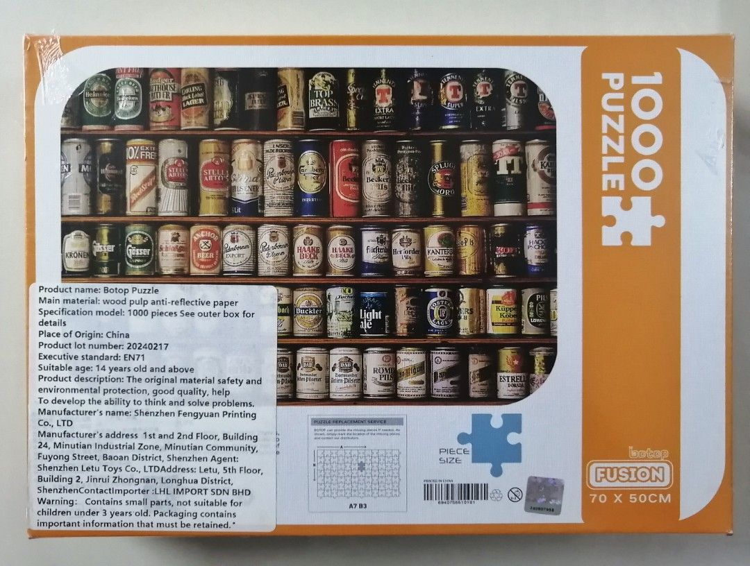 Beer Can Jigsaw Puzzle 1000pcs (Category: Board Games & Puzzles) located in Malabon City. Submitted by audioscience (Listing ID 1367963275, Image 3). Description: • Brand new • Sealed • 1000 pcs • Size: 70 x 50cm • Selling as is • Actual photos • What you see is what you get ✓ Payment via Gcash, BPI Family Bank Deposit, Palawan Express, LBC.