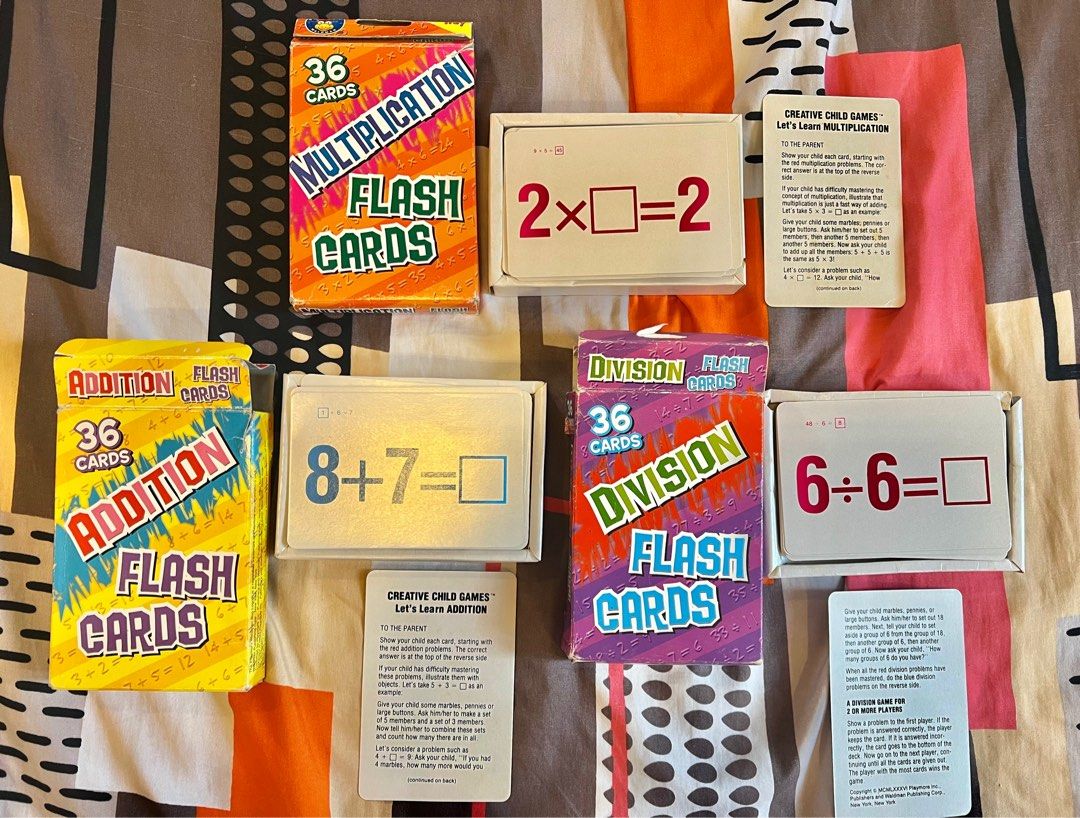 (Bundle 3 pcs) Math Flash cards (Category: Educational & Learning Toys) located in San Mateo. Submitted by pinksceneph (Listing ID 1367985837, Image 2). Description: Pre Loved Items bundle (3pcs) Math Flash cards - addition, multiplication and division flash cards. - all comes with a parent card and storage tray inside. - children can study these cards alone, with parents,friends or in a classroom setting -box may show dents and other sign of usa