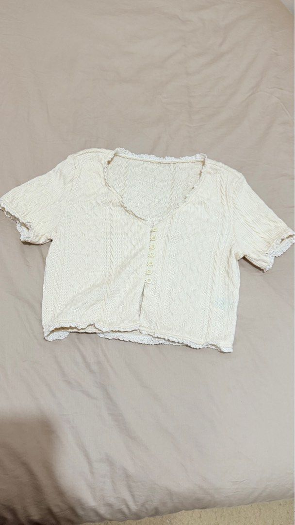 Button front lace knit crop tee (Category: Blouses) located in Pasay City. Submitted by jitjitindera (Listing ID 1368000702, Image 1). Description: Brand new, too tight for me..