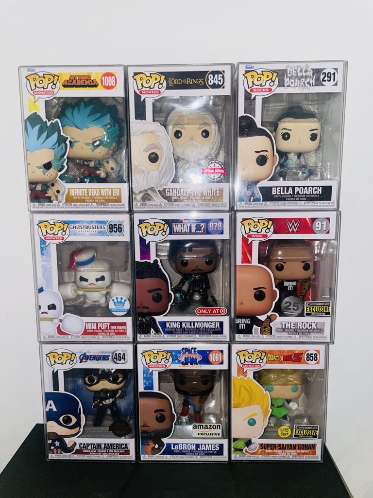 Funko Pops (Category: Designer & Blind Box Toys) located in Santa Rosa. Submitted by bonovox (Listing ID 1367997837, Image 1). Description: Funko Pop: 1. Infinite Deku (10/10) = ₱800 2. Mandalorian (10/10) = ₱1,400 3. Lebron James (9/10) = ₱600 4. Gandalf the white (8/10) = ₱800 5. Captain America SE (7/10) = ₱700 6. R2D SE (6/10) = ₱600 7. Mini Puft (10/10) = P1,000 8. SS Gohan GITD (8/10) = ₱700 9. King Killmonger (8/10) = ₱600 10.The Rock (8/1