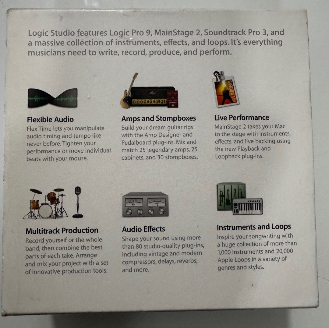 Logic Studio (Category: Musical Instruments) located in Singapore. Submitted by bear.cat (Listing ID 1367887432, Image 2). Description: Logic Studio was a professional music production suite developed by Apple. It bundled Logic Pro, Main Stage, Soundtrack Pro, and other tools for music creation and production. Logic Pro is a digital audio workstation (DAW) for macOS, widely used by professional musicians and audio engineers. Elaboration: Logic St