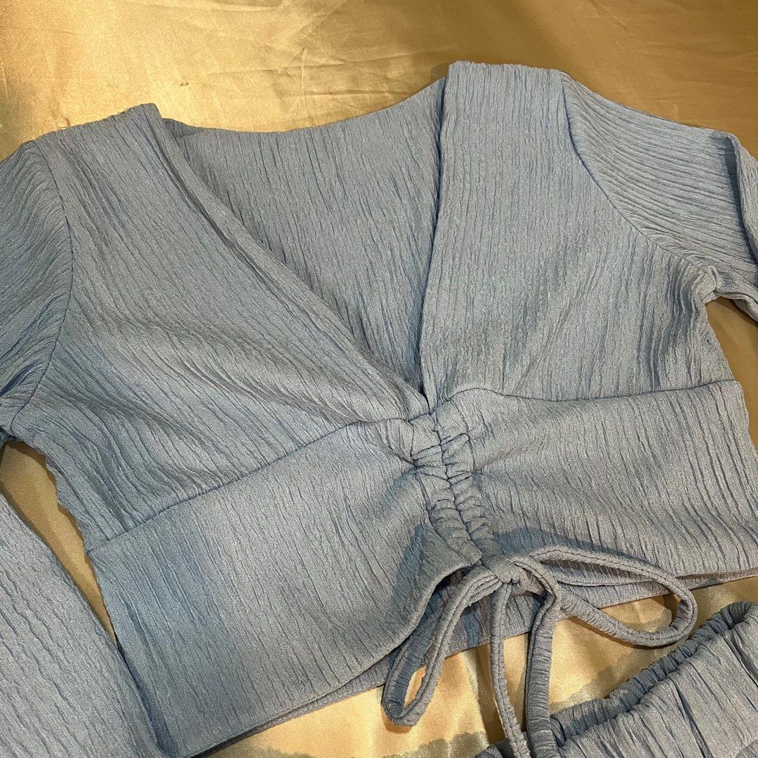 Misty Blue Top and Shorts Set (Category: Sets or Coordinates) located in Manila. Submitted by evyyp (Listing ID 1367868827, Image 2). Description: - deep v-neck, long sleeved, drawstring top - top is double lined - shorts have pockets - lighting made the color off! actual color is close to last pic - never used - size: S-M - length: 14 inches (shorts) 📍malate, manila mop: gcash only.